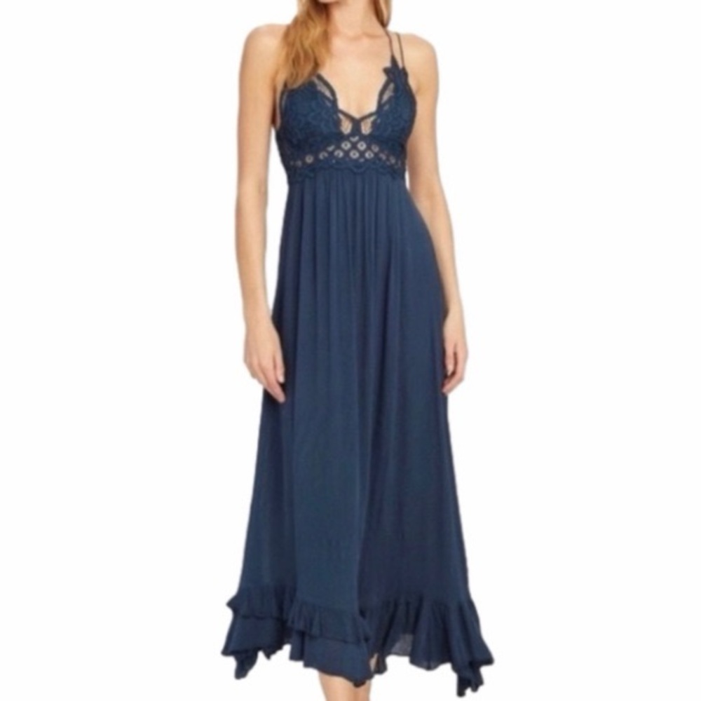 Free People Navy Crochet Smocked Maxi Dress